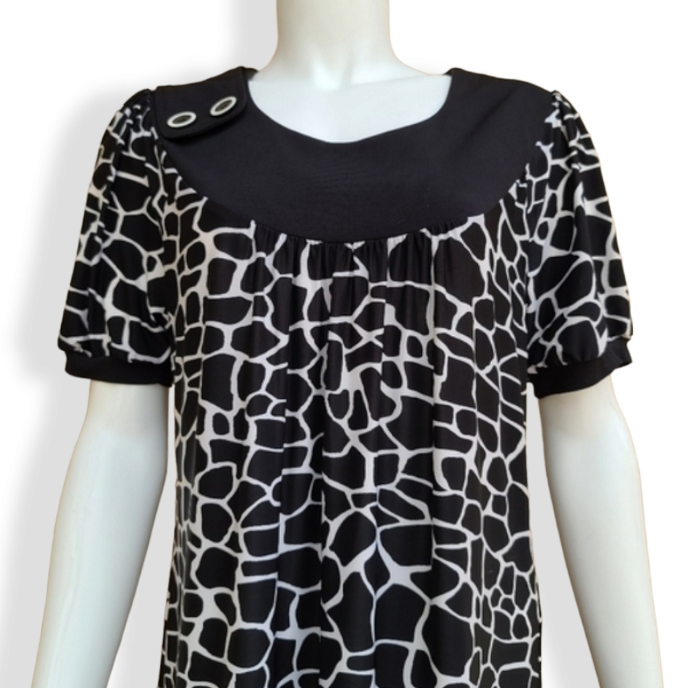 VINTAGE 90s Y2K STUDIO Banded Shift Dress M Long Tunic Modest Top Shirt Giraffe - Picture 8 of 16